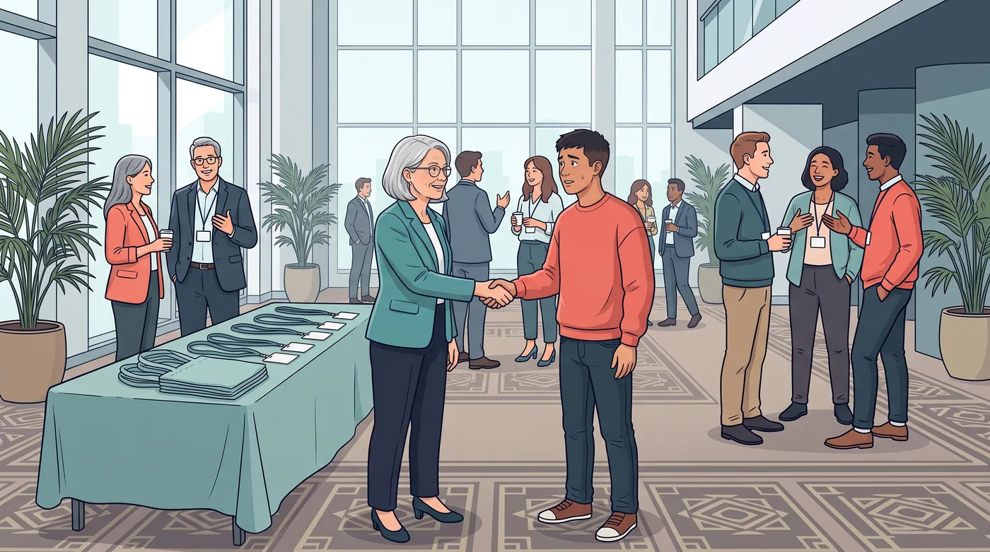 A volunteer mentor greets a new member at an association event