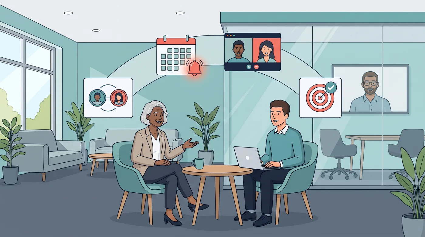 A mentor and mentee progress through scheduled sessions, calendar reminders and shared goal milestones across a mentoring cycle
