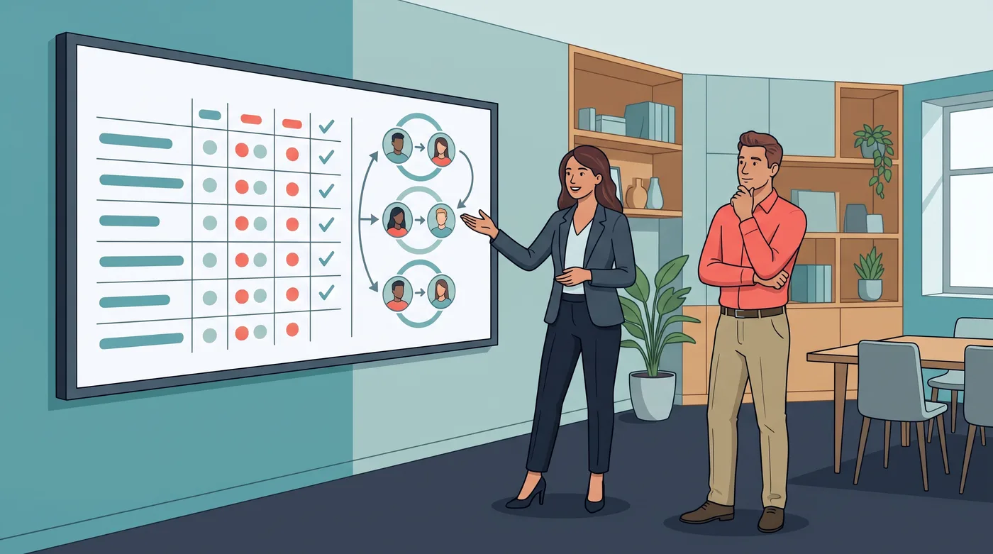 A program lead and procurement colleague score vendors against a shortlist and review pilot cohort results