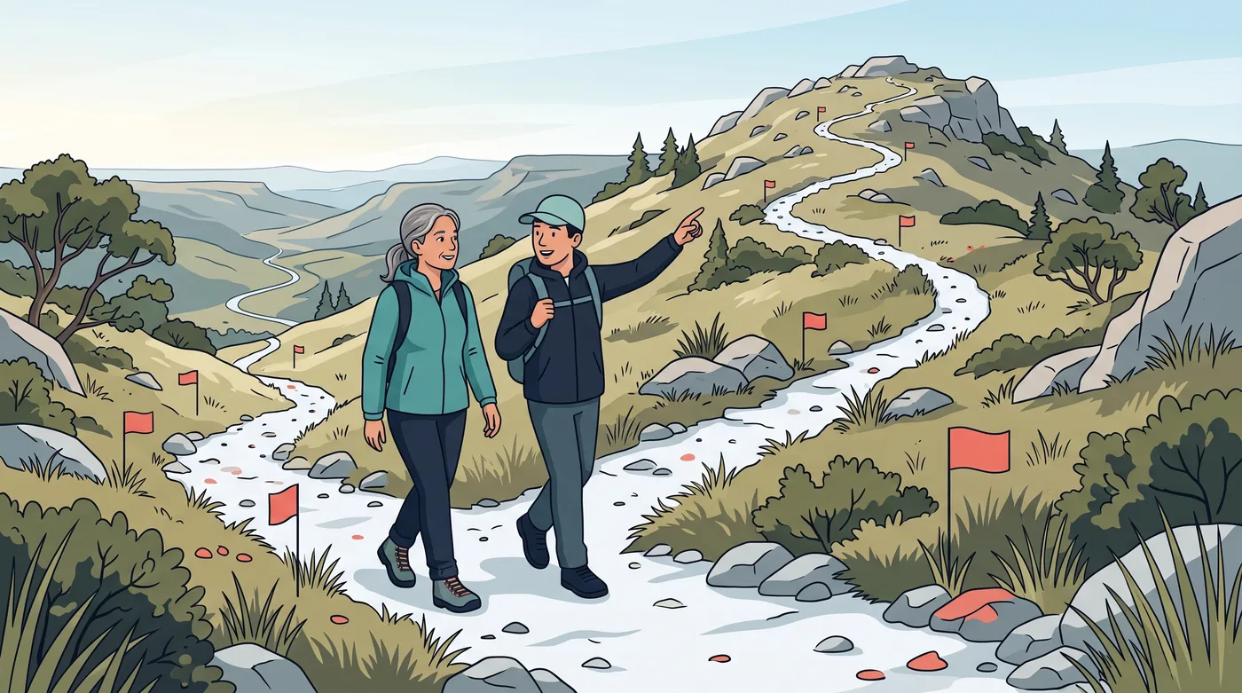 A mentor and mentee head toward a goal along a trail of milestones