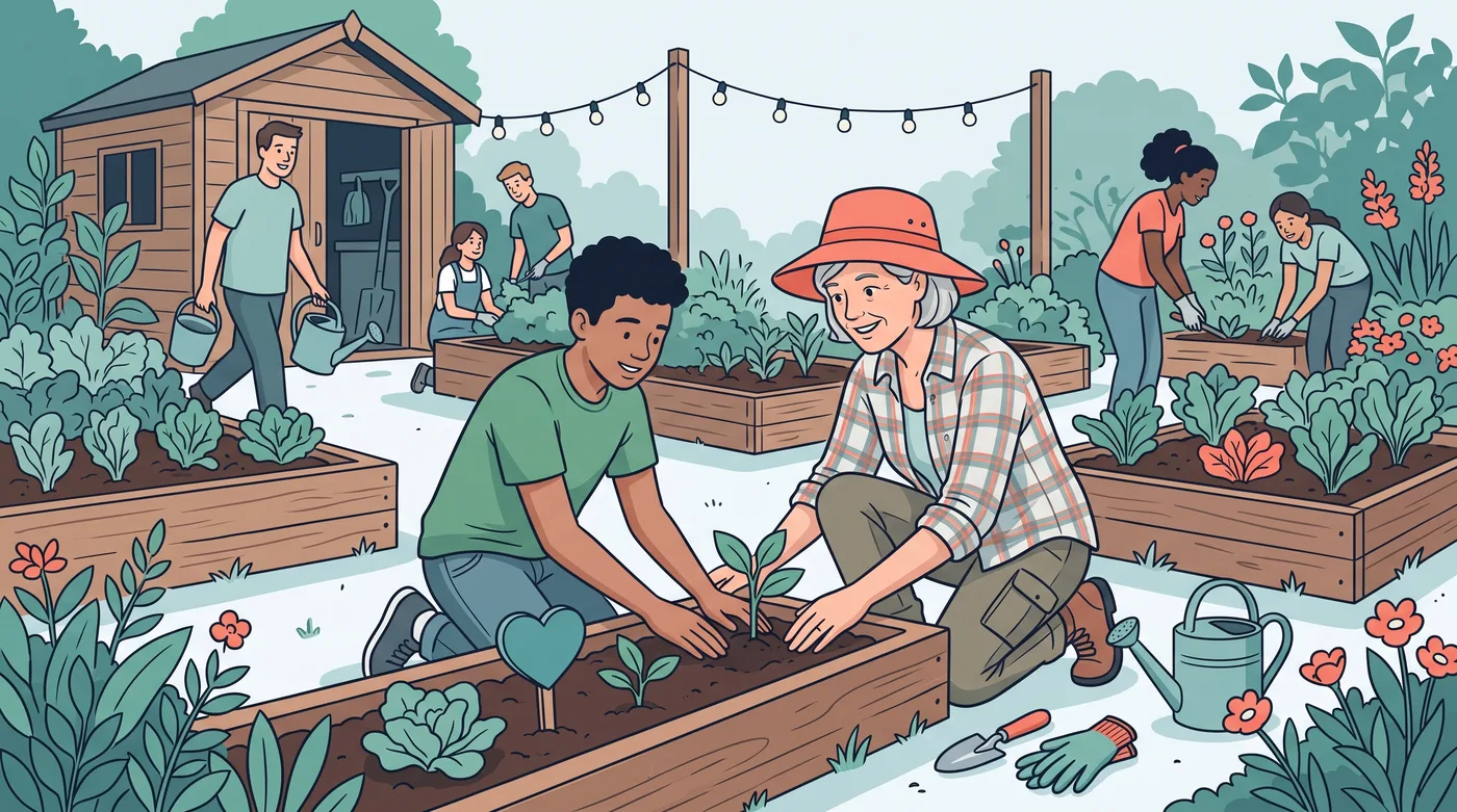 A mentor volunteers at a community garden