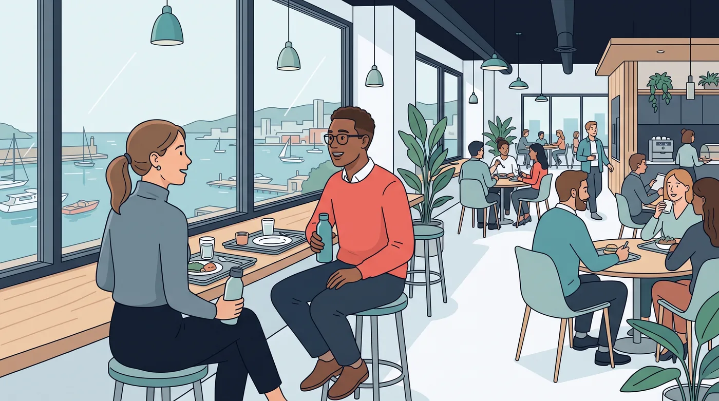 Two new managers compare notes over lunch