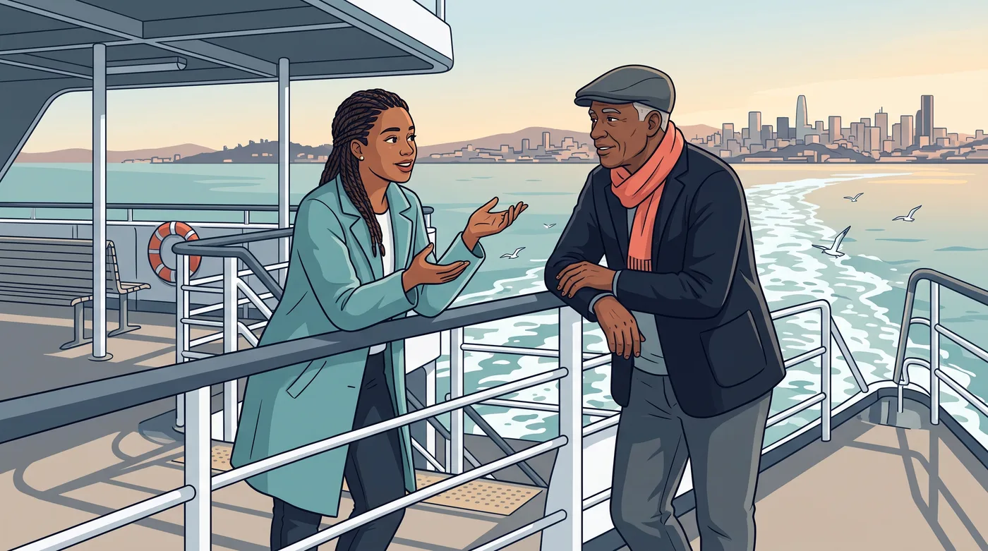 Two peers keep their conversation going on the ferry home