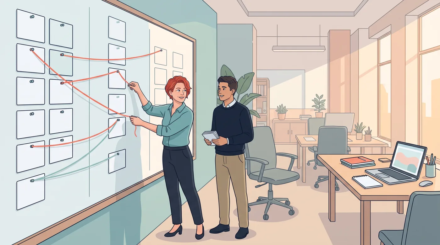 A program lead pairs junior and senior colleagues on a pinboard