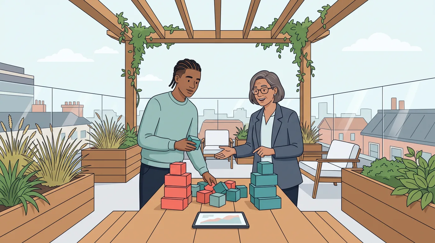Two colleagues sort costs and benefits into two piles
