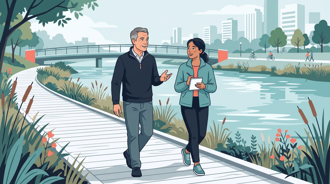 A mentor and mentee agree next steps on a walking session